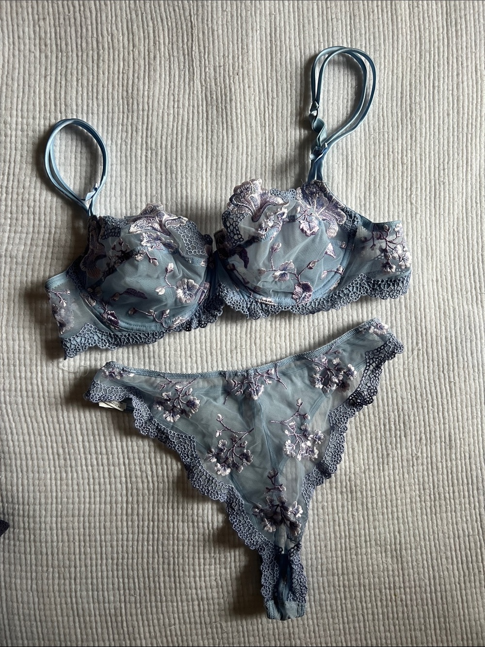 Sheer Blue Floral Lace Bra & Thong Set